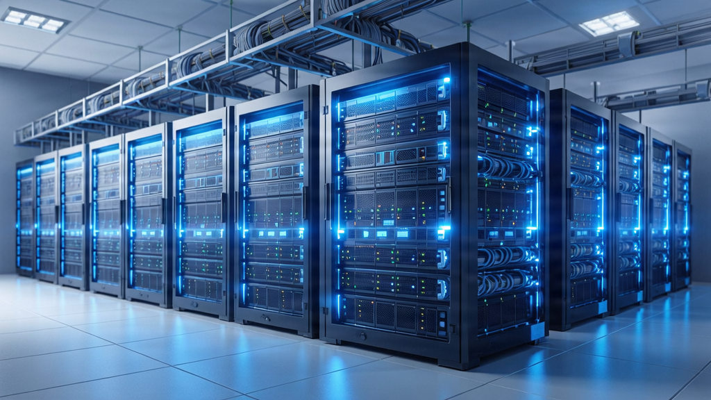 Professional IT infrastructure with servers and networking equipment for a technology solutions provider.
